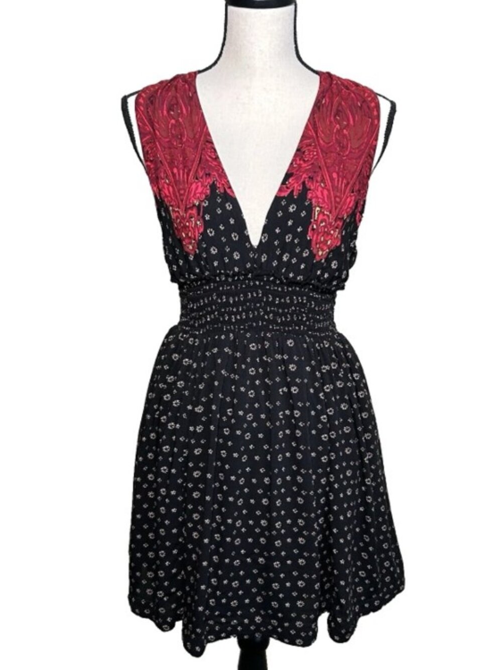 Free People Smocked Dress Black Red Deep V Smocked Festival Western M